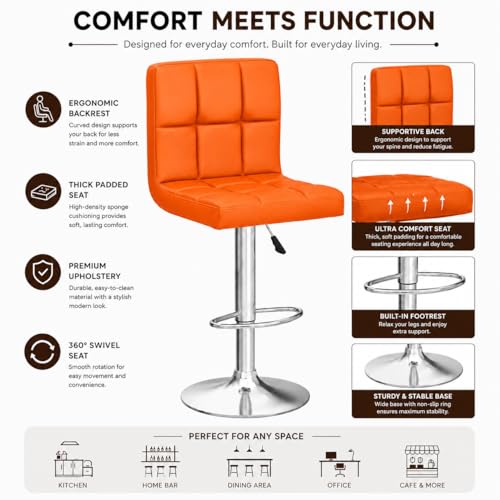 Image of Kemon KaiMeng Modern Adjustable Swivel Bar Stool Chair with Backrest, PU Leather Hydraulic Counter Stool with Footrest for Kitchen Island, Cafe & Home Bar, Orange, Square Tufted Back Stool