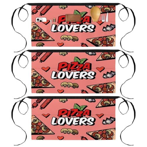 Lot de 3 tabliers courts de chef à 3 poches pour la cuisine et la pâtisserie multicolore