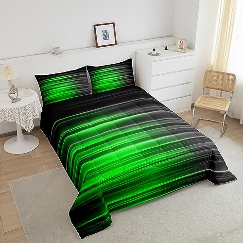 Image of Feelyou Ombre Gradient Lines Bedding Set King Size, Green and Grey Comforter Kids Toddler Geometric Abstract Ombre Comforter Set Stripes Duvet Set Kids Room Decor Microfiber Bed Set