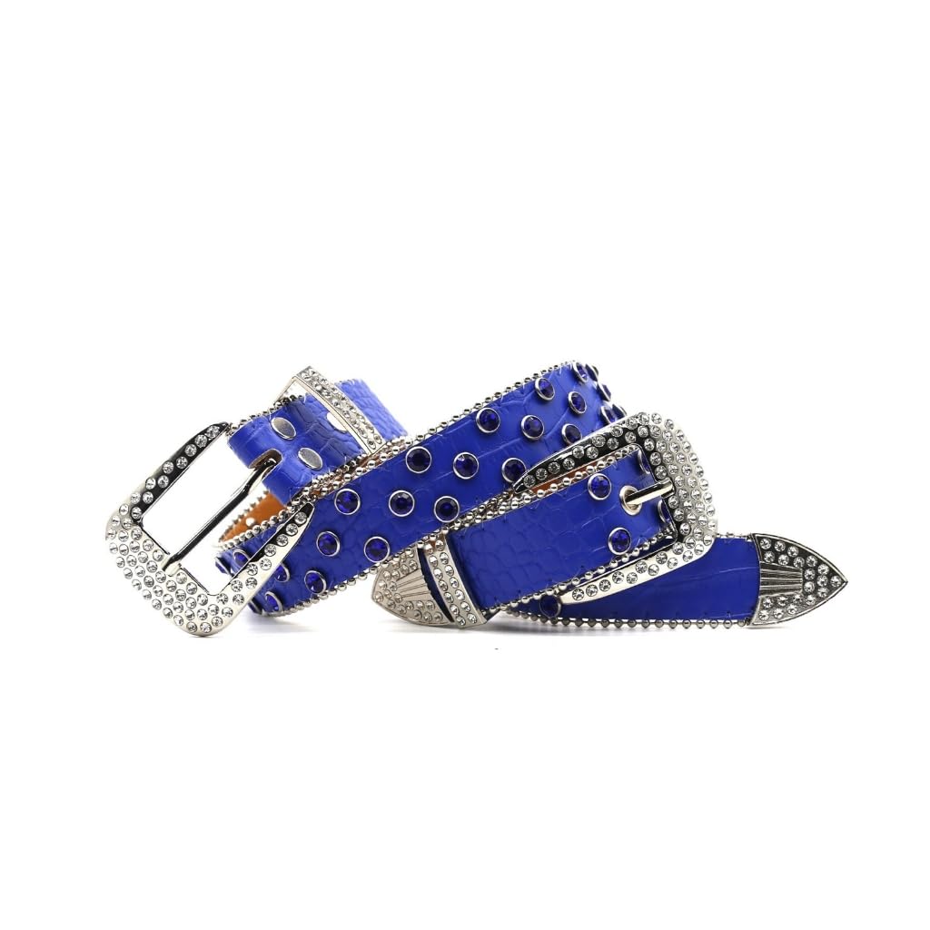 Ceinture en polyuréthane bleu crocodile 102C avec détails perles - 8
