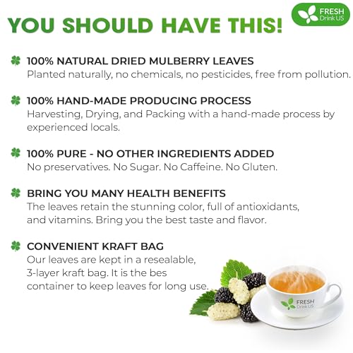 Image of FreshDrinkUS, Permium 16oz Mulberry Leaves, 100% Natural & Pure, Mulberry Leaf Tea, Mulberry Loose Leaf Herbal Tea, No Additives, No Caffeine, Vegan.