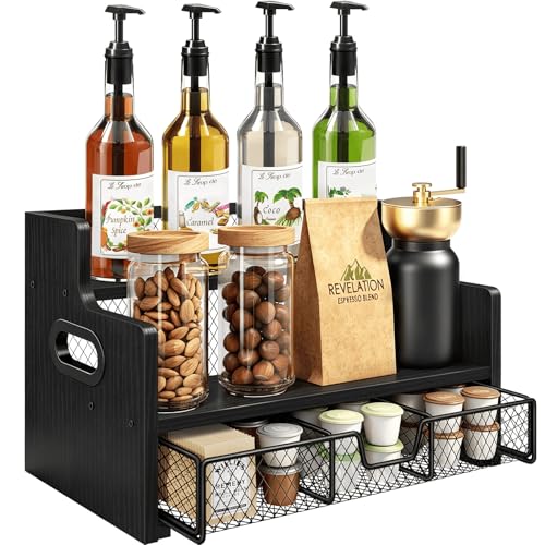 Image of Homode Coffee Syrup Organizer Rack, 3-Tier Syrup Holder Stand with 35 K Cup Storage Drawer, 8 Bottles Capacity, Wood Shelf Liquor Wine Rack for Coffee Bar Countertop, Black