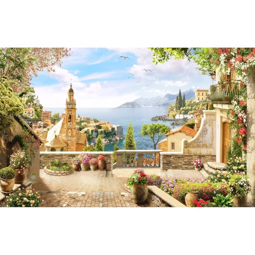Coast Backdrop Mediterranean Garden Terrace Backdrop Balcony View Italian Coast Photography Background Blooming Flowers Italian Coast Background Decors Birthday Wedding Party Photo Props 7x5ft