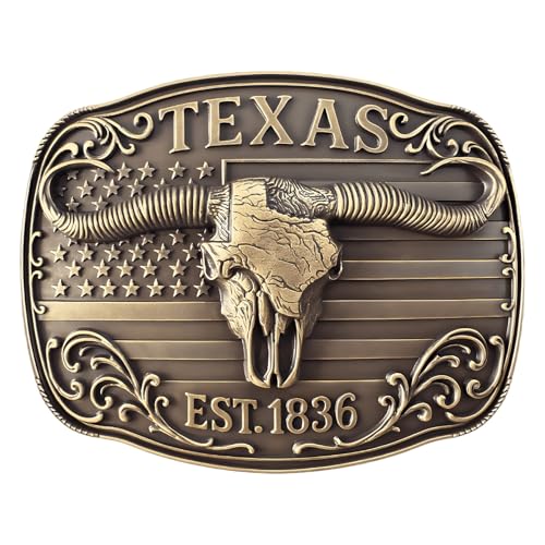 GRAERRY Cowboy Belt Buckle for Men Women Vintage Rodeo Texas Map 1836 Longhorn bull Western Belt Buckles(Bronze)