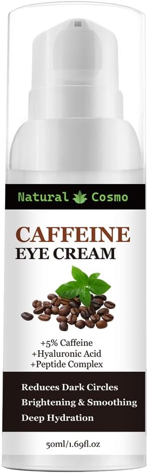 Cafeïne oogcrème, 5% cafeïne, hyaluronzuur en peptidecomplex Natural Cosmo – geavanceerde formule tegen donkere kringen, rimpels en zwellingen (50 ml)