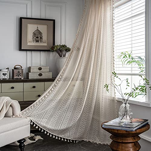 Bhusb Farmhouse Crochet Knitting Curtains Tassels 84 Inches Long,Rod Pocket Bohemian Cotton Lace Window Drapes For Bedroom Living Room Decoration,2 Panels,52 X 84 Inches #TOP3