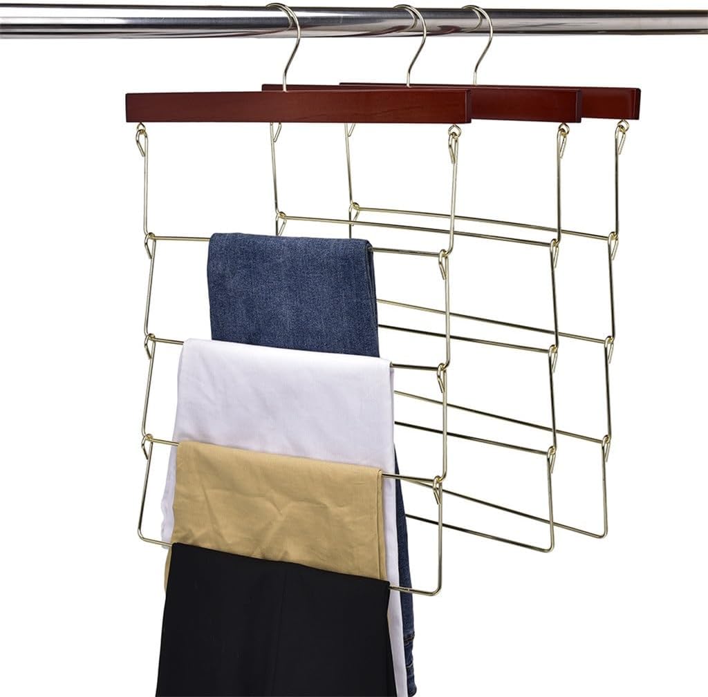 JSEIAJB Multifunction Wooden Pants Hanger 4 Layer Organizer Foldable Clothes Trouser Hangers for Saving Space in The Closet(E)