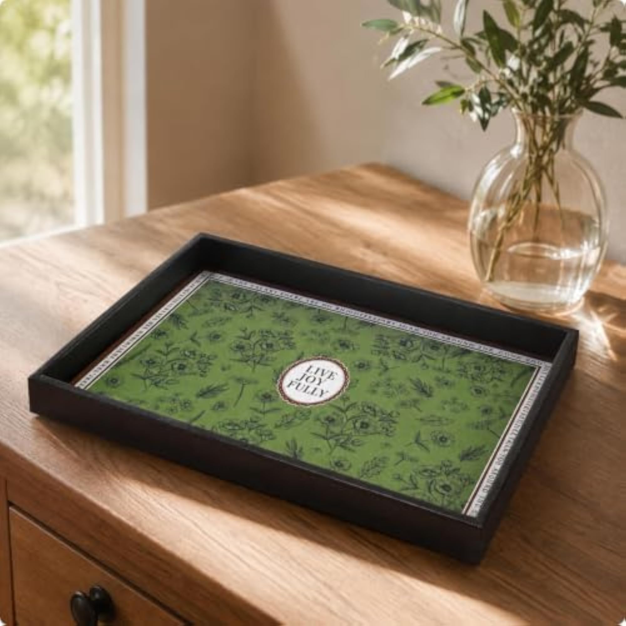 Decorative Wooden Tray with Leather Surface, Elegant Organizer
