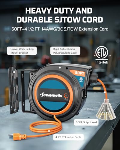 Image of DEWENWILS Extension Cord Reel with Twist-lock Stopper, Power Retractable Cord Reel, Lightweight and Portable, Brighter Triple Tap Outlet, for Home Maintenance, Garages, Workshops, Orange
