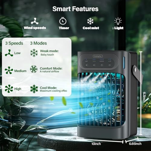 Small Portable Air Conditioner, LEAEYFE 3 Higher Speeds With 800ml Extra Large Water Tank, 120° Oscillating Mini Cooler Works Within 9 Feet, 2/8 Hour Timer,For Desk, Home, bed and Living Room