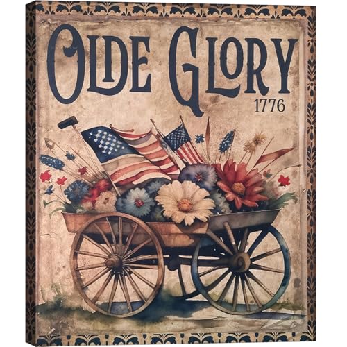 Image of Framed Olde Glory 1776 American Flag Wall Art, Patriotic Vintage Canvas Art Pictures, USA Flag Flower Wall Decor, Made in USA Ready to Hang for Living Room Entryway