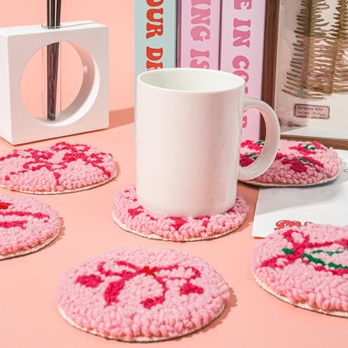 Image of WATINC Bow Tie Punch Needle Coaster Kit - 22Pcs Easy Art Work Decor Craft Supply for Beginners, DIY Set of 6 Pink Bow Tie Tufted Rug Pads with Adhesive Felt Yarns Embroidery Hoop Tools Instruction
