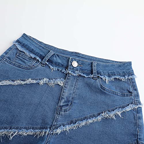 Image of THUNDER STAR Women Mid Rise Ripped Stretchy Jeans Shorts Frayed Raw Hem Casual Denim Shorts