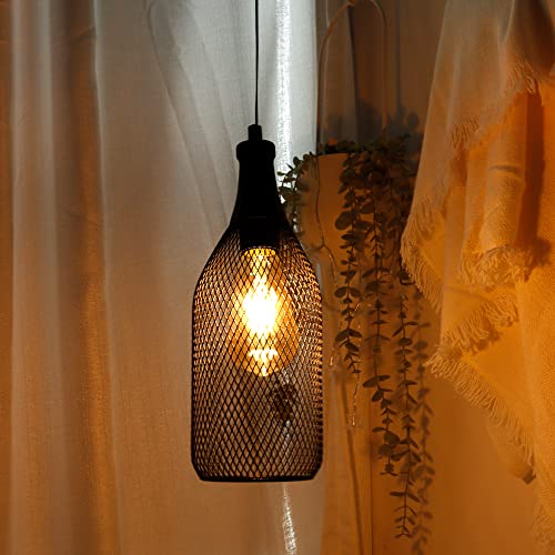 Jhy Design Hanging Lamp Black Battery Powered Decorative Pendant Lamp Metal Cage Battery Lamp With 6 Hours Timer For Bar Bedroom Garden Parties Patio Indoor Outdoor Living Room(Wine Bottle Shaped) #TOP22