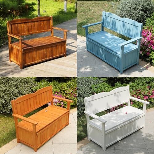 Banc de rangement extérieur, boîte de terrasse de jardin en bois avec dossier, banc de patio 2 places pour outils de jardin et jouets de piscine, capacité de poids de 250 kg