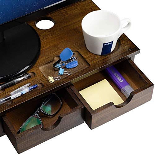 Abocofur Bamboo 2-Tier Monitor Stand Riser With Storage Drawers, Office&Home Shelf Organizer With Laptop Desktop Cellphone Printer Stand, 21.06"(L) X9.06(W) X5.43(H), Antique Brown #TOP4