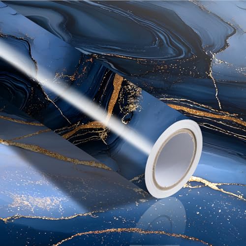 Image of Nuxovilar Navy Gold Marble Vein Wallpaper Peel Stick Vinyl 15.75x118.11
