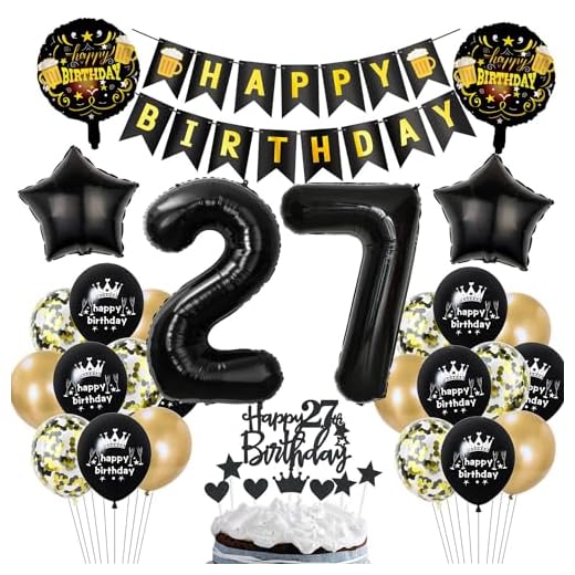 Globos con el número 27, color negro, 27 cumpleaños, decoración para el 27 cumpleaños de mujer, color negro y dorado, globos 27 + guirnalda