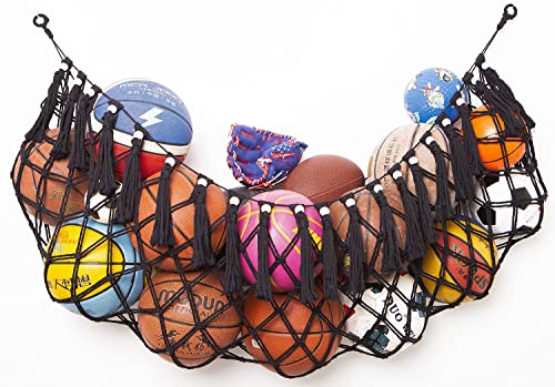 Sports Storage Organizer Garage Ball Storage Wall Hanging Organizer Net for Basketballs, Volleyballs Soccer Storage Rack Sport Equipment Organizer Storage Mesh (Wall Mounted, Black)
