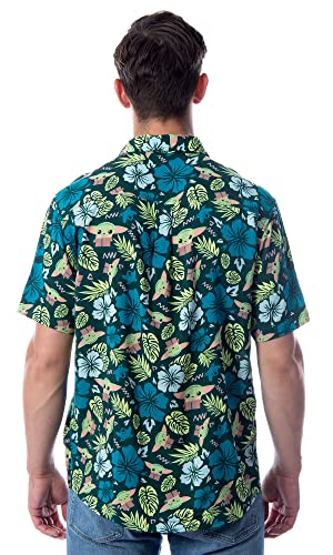 Star Wars Men's The Mandalorian Grogu Baby Yoda Leaves Hawaiian Button Up Shirt3