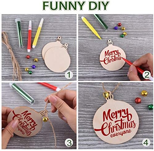 TUPARKA 60pcs Christmas Wooden Ornaments Unfinished Wooden Slices with Twine,Colorful Bells,Flashing Powder,Watercolor Pen for for Kids DIY Crafts Christmas Hanging Decoration
