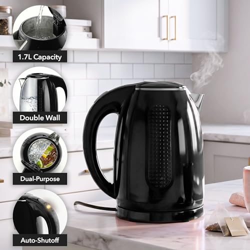 Image of OVENTE 1.7L Double Wall Electric Tea Kettle, 1100W Power, Black KD64B | Water Boiler with Cool-Touch Exterior, Stainless Steel Interior, Auto Shut-Off, Boil-Dry Protection & Locking Lid, Easy Clean