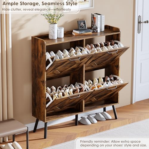 Image of Nicetree Shoe Cabinet Storage for Entryway, Freestanding Shoe Storage Cabinet, Farmhouse Narrow Shoe Rack Cabinet for Entryway, Foyer, Hallway, Shoe Cabinet 4 Flip Drawers