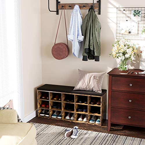 VASAGLE Shoe Bench with Cushion, 15-Cube Storage Bench, Holds up to 440 lb, Rustic Brown ULHS15BX
