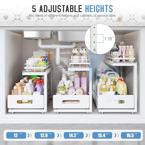 Image of Under Sink Organizer Upgrade To Professional Rails,2-Tier Dual Pull Out Cabinet Storage,Height Adjustable Slide Out Drawers For Bathroom Kitchen,2 Pack-21 inchDx12.8 inch-16.9 inchH,White