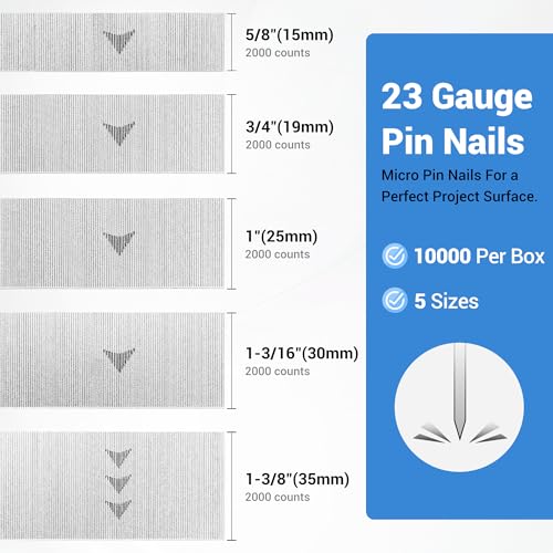 meite Gwoździe piner 23 Gauge, różne rozmiary (15, 19, 25, 30, 35 mm) mikro gwoździe piner - ocynkowane gwoździe 23GA do pistoletu do paznokci, idealne do precyzyjnej obróbki drewna i prac