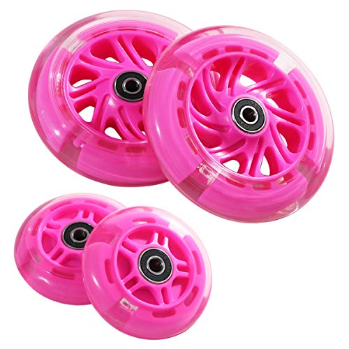 Front 120Mm & Rear 80Mm Light-Up Flashing 3-Wheeled Kid Scooter Replacement Wheels, Complete Wheels Set For 3-Wheeled Kid Push Scooter, Set Of 4 (Pink) #TOP3