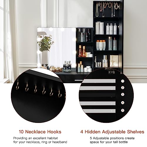 usikey 47.2 inch Large Vanity Desk with 10 Lights Bulbs & Full-Length Mirror, Makeup Vanity with Lights and 5 Drawers, Vanity Table Set with Mirror Cabinet and Storage Shelves, Black