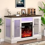 OLD CAPTAIN Electric Fireplace with LED, Electric Fireplace TV Stand with Glass Doors and Adjustable Shlef, Media Fireplace Console, Entertainment Center Console with Storage, White