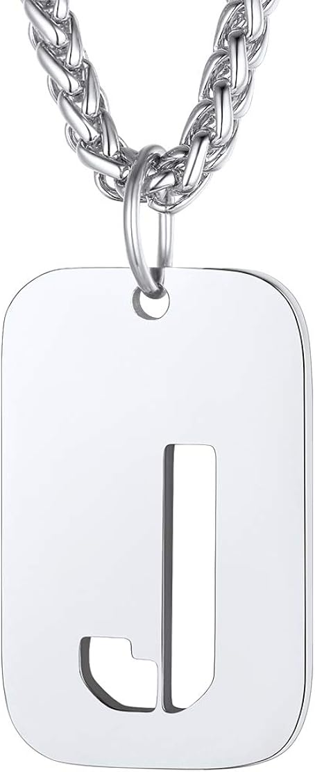 FindChic Dog Tag Chain with Letter for Men Mens or Womens Chain with Initials J Stainless Steel Dog Tag Necklace Men or Women Engraved Personalized Mens or Womens Letter Necklace
