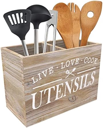 Karisky Kitchen Utensil Holder for Countertop, Farmhouse Solid Real Wood Utensil Caddy with Removable Bottom, 2 Compartments Utensil Crock Flatware Organizers for Kitchen, Nature