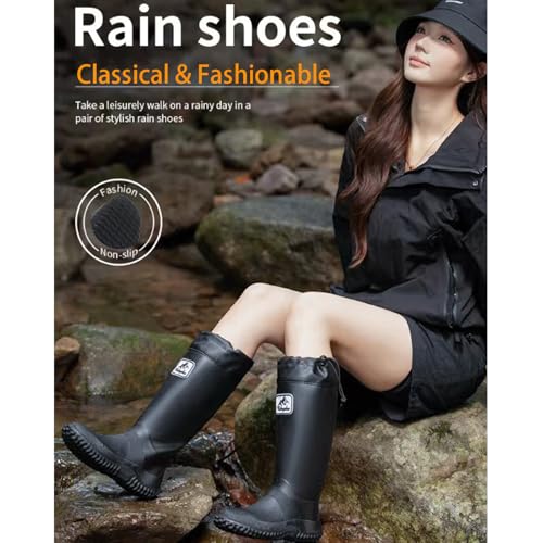 Lvptsh Gummistiefel Damen Herren Faltbar Hoch Regenstiefel Klapp Langschaft Wasserdichte Garten Stiefel Regenschuhe Gartenschuhe Wellington BootsBlack,EU 38/39
