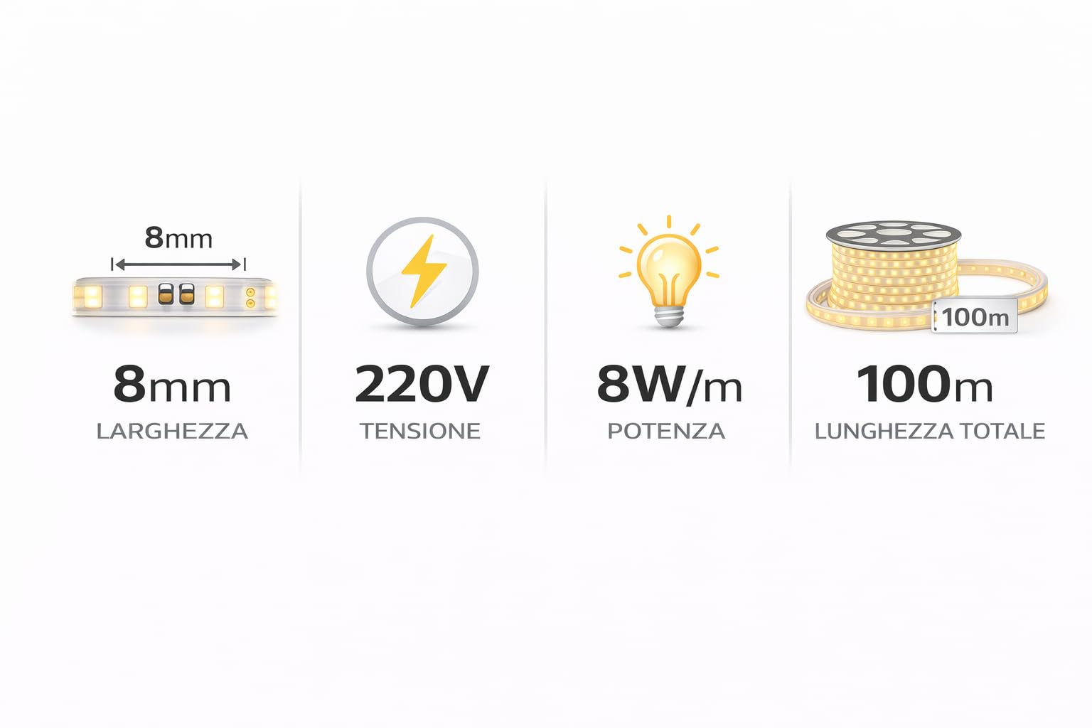 Generico Striscia LED 100 Metri 220V Luce Calda 3000K – Con Spina e 10 Prese Incluse – 8W/M – 8mm – Tagliabile Ogni 10 cm – Illuminazione Casa e Ambienti Commerciali