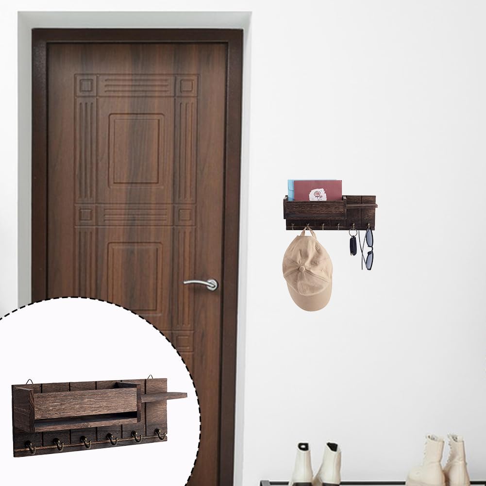 AHANDMAKER Mail and Key Holder for Wall Decorative, Wooden Wall Mount Key Rack Hanger Organizer with 6 Key Hooks Home Decor Rack for EntryWay Hallway Mudroom Organizer Kitchen Office