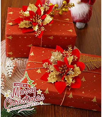 HOUISM Christmas Poinsettia Flowers Red Gold, 20PCS Artificial Glitter Christmas Flowers Ornaments for Xmas Tree Wreath Garland Wedding Holiday Winter Decorations with 16pcs Stems and Clips