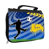 Kulturbeutel mit Namen Tom und Fußball-Motiv für Jungen | Kulturtasche mit Vornamen | Waschtasche für Kinder