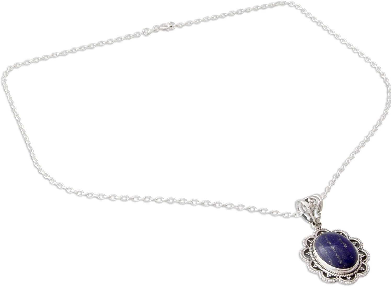 NOVICA Artisan Handmade Lapis Lazuli Pendant Necklace Artisan Crafted Silver Sterling Blue India Snorkel Birthstone [18 in L 2 mm W Pendant(s) 1.6 in L x 0.8 in W x 0.2 in D] ' Royal Audience'