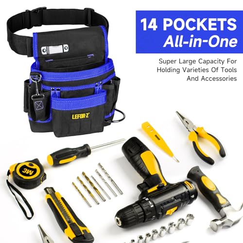 Werkzeuggürtel,Magnetische Werkzeugtasche mit 14 Taschen,Werkzeuggürtel Herren,Abnehmbare und Verstellbare Werkzeugtasche Gürtel für Elektriker,Tischler,Bauarbeiter,Schwarz Blau