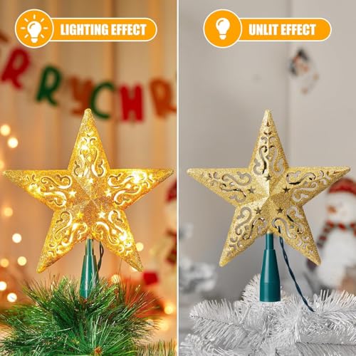 Christmas Star Tree Topper Lighted 7.87” Hollowed 3D Pentagram Built-in 10 Bulbs Hollow Gold Treetop with Glitter Plug in (4 Bulbs & 2 Fuses Spare) for Christmas Decorations Clear Light, Green Base by Brightown - Image 2