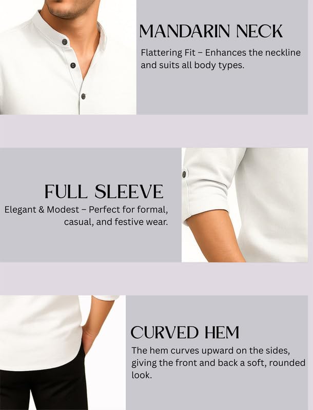 Image of DEEMOON Men's Cotton Blend Solid Regular Fit Full Sleeve Short Kurta | Men's Trendy Short Kurta