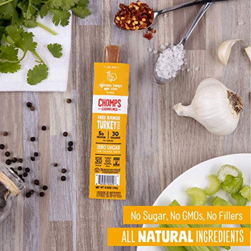 Chomps Snack Size Free Range Turkey Jerky Meat Snack Sticks, Keto, Paleo, Whole30 Approved, Low Carb, High Protein, Gluten Free, Sugar Free, Nitrate Free, 30 Calories 0.5 Oz Sticks, Original Turkey 24 Pack #TOP3