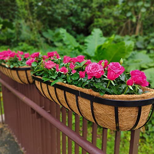 Maxona Wall Planters 6 Pack, 24 Inch Wall Hanging Flower Planter For Outdoor, Deck Railing Boxes, Metal Window Flower Box With Coco Liners Horse Troughs Fence Balcony Rail Garden Herb Pot Porch Patio #TOP5