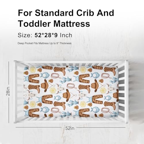 Image of Blue Western Cowgirl Cowboy Fitted Baby Crib Sheet for Boy Girl 52 inchx28 inch Desert Cowboy Hat Boot Sun Cactus Soft Breathable Baby Crib Mattress Bed Sheet Fits Standard Crib and Toddler Mattress