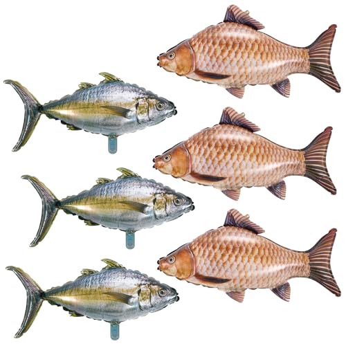 Image of 6 Pcs Fish Balloons, Gone Fishing Party Decorations, Ofishally One Birthday Supplies, Realistic Carp Tuna Foil Balloons for Let's Go Fisherman Theme Baby Shower Party Decor