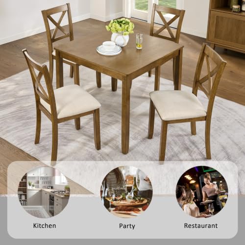 Image of Harper & Bright Designs 5-Piece Oak Dining Set - Square Table + 4 Upholstered X-Back Chairs,Solid Rubberwood Frame,Space-Saving, Holds 330 Lbs Each