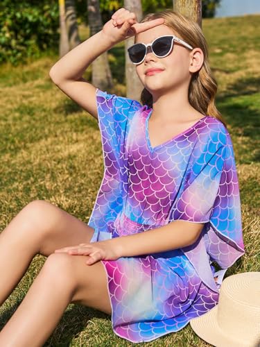 Image of Haloumoning Girls Chiffon Swim Beach Cover Up Kids Cute Elastic Waist Printed Bathing Suit Coverups 5-14 Years